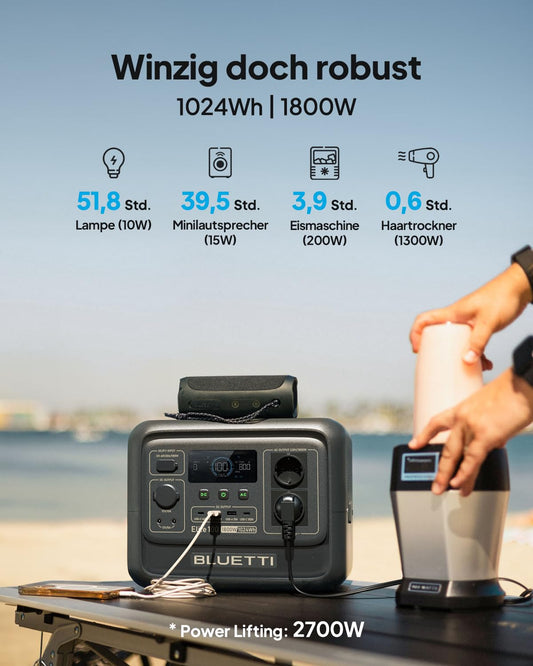 BLUETTI Tragbare Power Station Elite 100 V2 mit 350W Solarpanel, 1024Wh LiFePO4 Solar Generator mit 2 1800W AC Ausgängen, 35% kleiner, Ideal für Notfälle, Wohnmobil,Camping