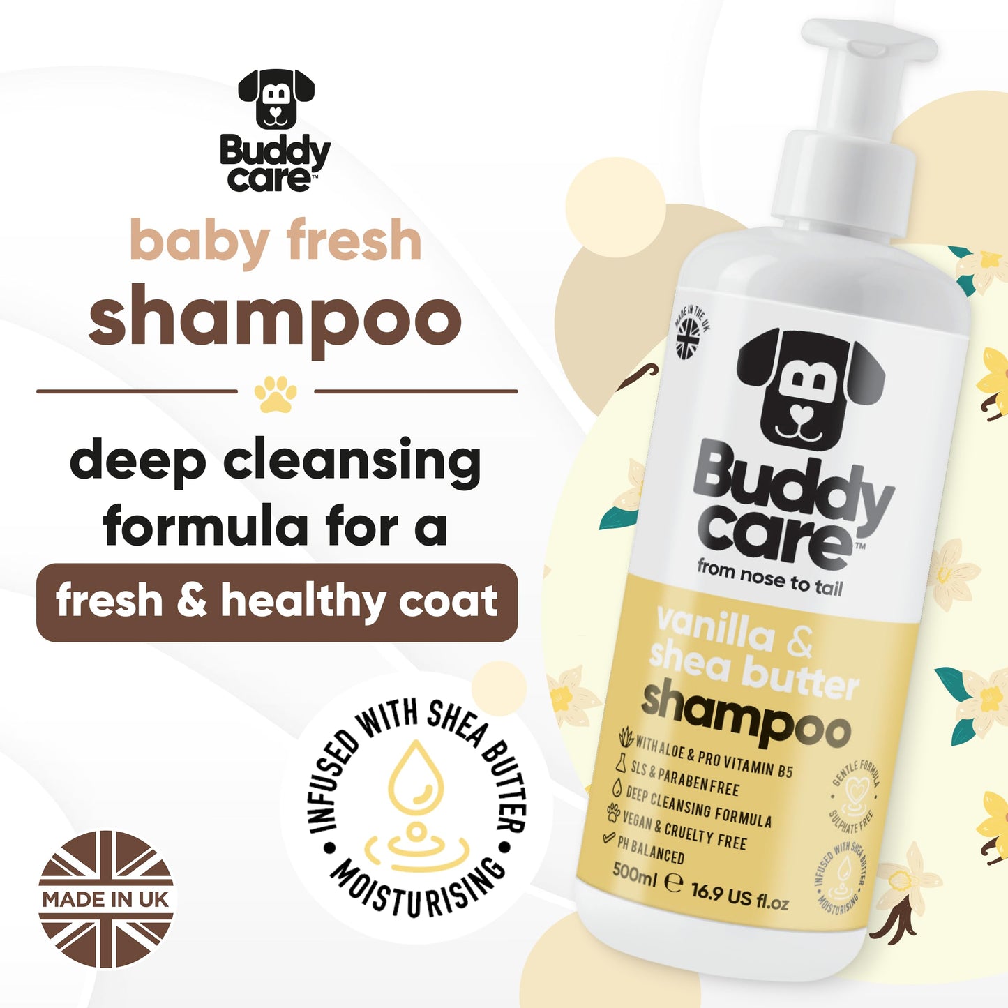Buddycare Hundeshampoo Vanille & Sheabutter 500ml – Feuchtigkeitspflege mit Aloe Vera & Pro-Vitamin B5