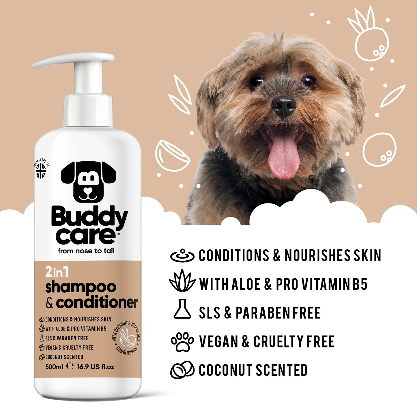 Buddycare 2in1 Hundeshampoo & Conditioner 500ml – Für Langhaar, Welpen & alle Hunderassen
