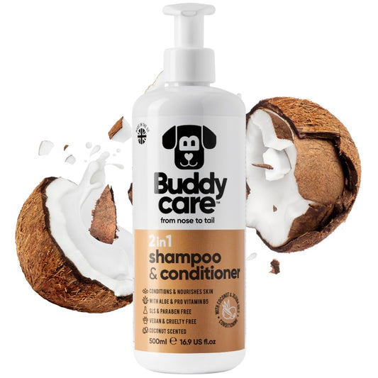 2in1 Hundeshampoo und Conditioner von Buddycare (500ml) - Praktisches Hundeshampoo langhaar und welpen Shampoo Mit Aloe Vera und Pro-Vitamin B5 Rückfettendes Shampoo Für Alle Hunderassen