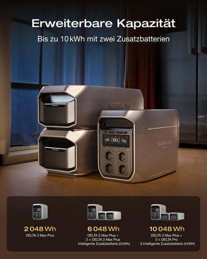 ECOFLOW Delta 3 Max Plus tragbare Powerstation 2 048 Wh, erweiterbar auf 10 kWh, 3 000 W AC-Ausgang, 0–80% Ladung in 47 Min, LiFePO4 Batterie, 10 ms USV-Backup, Solarstrom für Haus, Camping