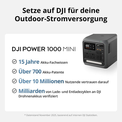 DJI Power 1000 Mini tragbare Powerstation, 1008-Wh-LFP-Akku, kompakte Größe, maximale Ausgangsleistung 1000 W, in 58 min von 0% auf 80% geladen, Stromgenerator für Zuhause, Camping