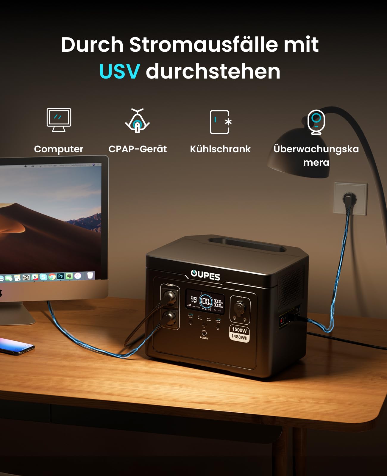 OUPES Exodus 1500 Tragbare Powerstation mit 240W Solarpanel, 1488Wh Solargenerator, 2 Steckdosen à 1700W(3600W Spitze), Schnellladung, USV-Funktion Mobiler Stromspeicher für Camping, Wohnmobil & Reise