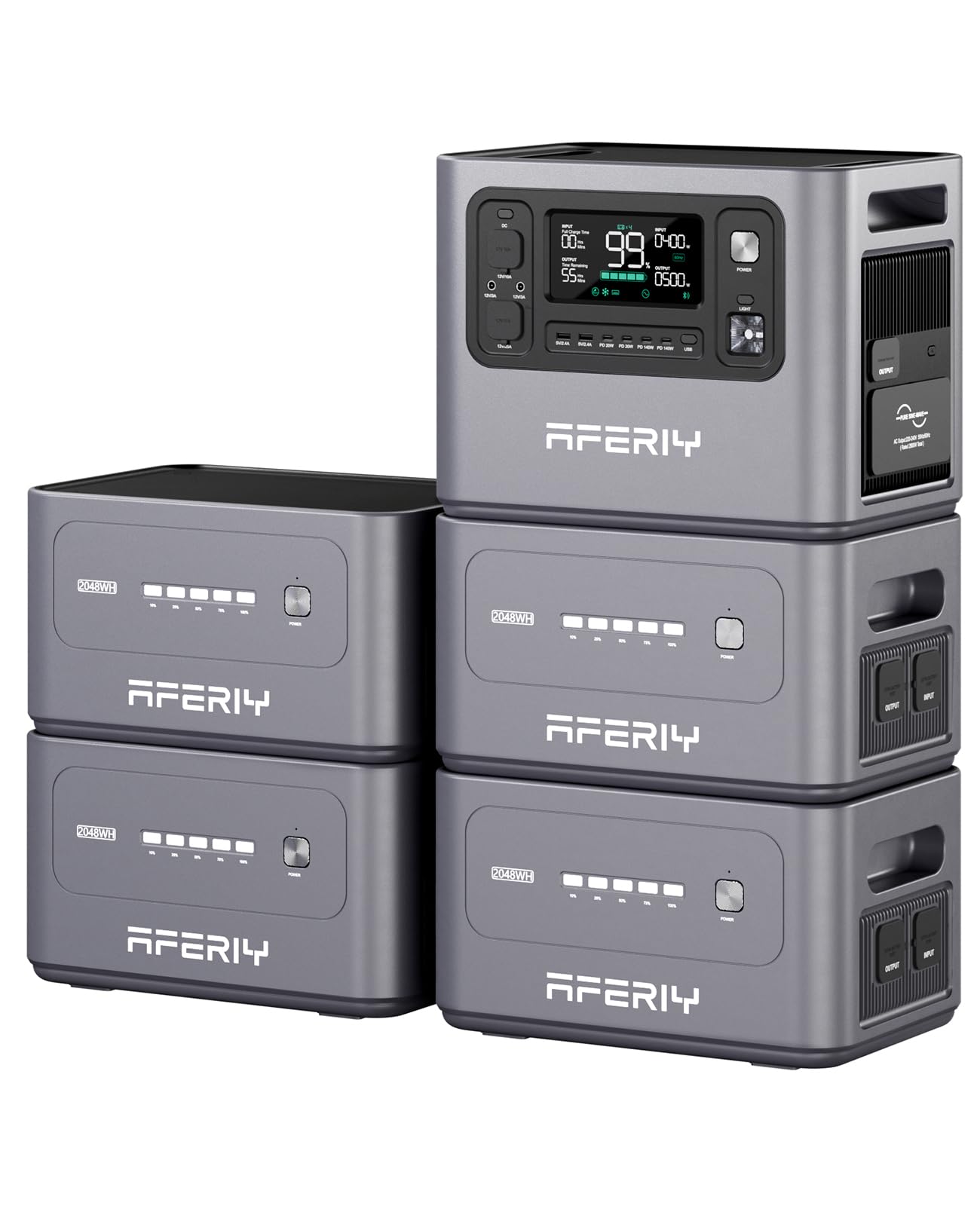 AFERIY 2800W Set Powerstation 2048Wh, Mit 2048Wh 4 Erweiterungsakku, 1,5h Schnellladung, 13 Ausgänge, Reine Sinuswelle 230V, USV, 10,240Wh LiFePO4 Solar-Generator Für Camping/Home-Office 2025 Neu