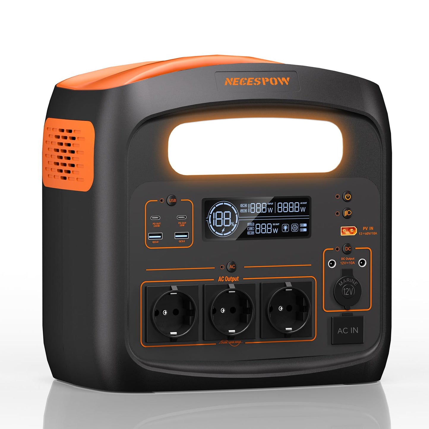 Tragbare Powerstation 1800W(3600W Spitze), 1024Wh LiFePO4 Akku, Schnellladung in 65 Min., PD 100W, USB-C/AC/DC, Solarladung, für Camping, Notstrom, Outdoor