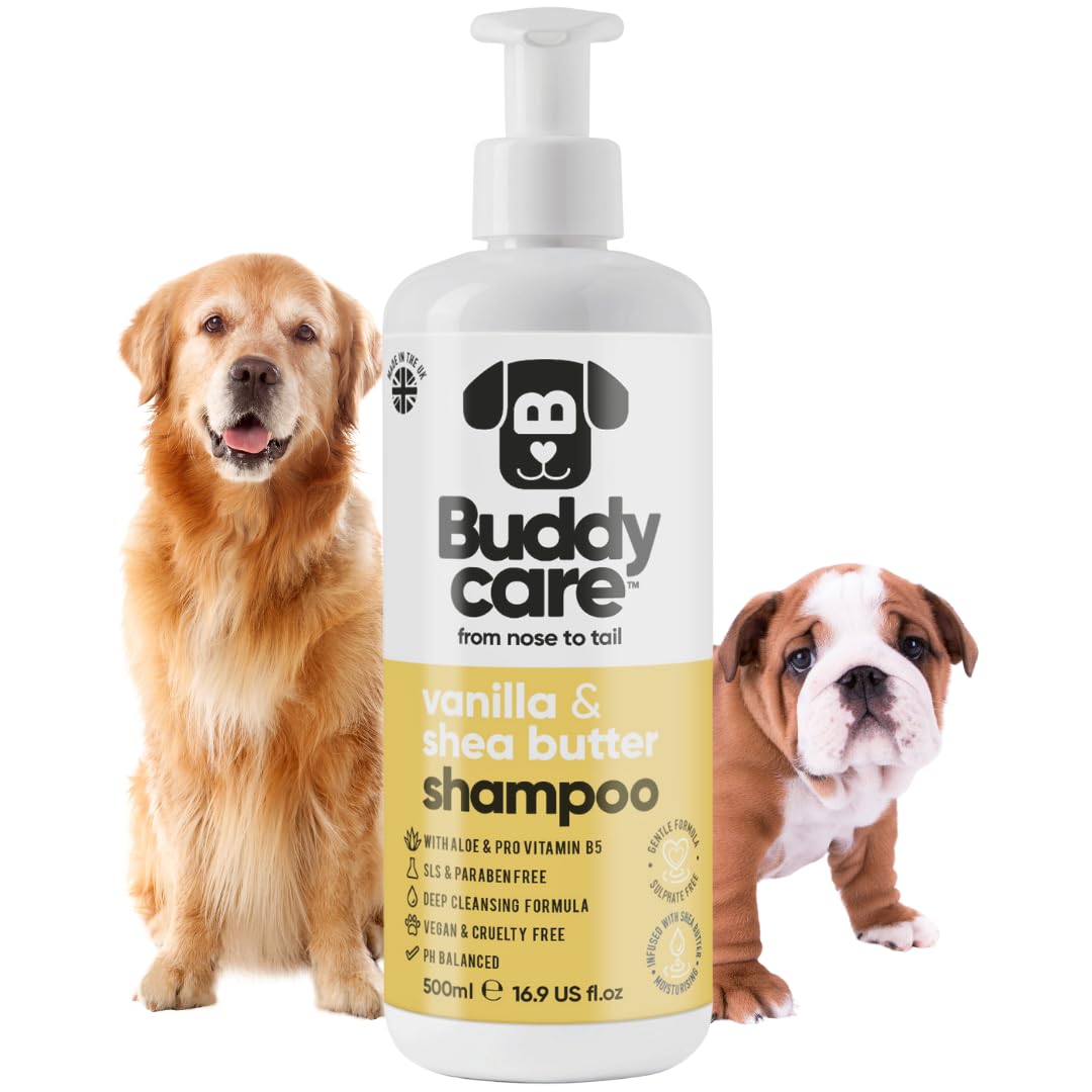 Buddycare Hundeshampoo Vanille & Sheabutter 500ml – Feuchtigkeitspflege mit Aloe Vera & Pro-Vitamin B5
