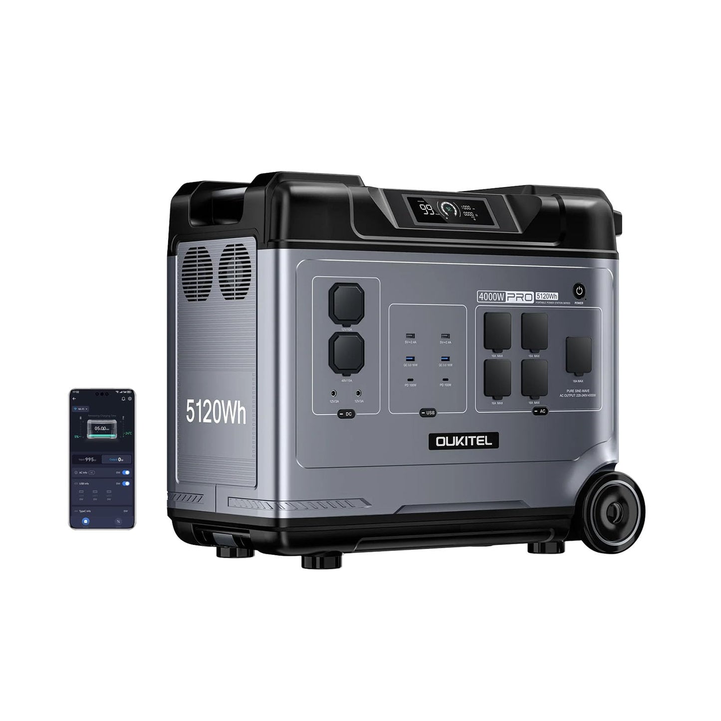 OUKITEL P5000 Pro 5120Wh Große Kapazität Tragbare Powerstation, 5×4000W AC-Steckdosen (8000W Spitzenleistung) Solargenerator, LiFePO₄-Akku, Für Camping und Stromausfälle