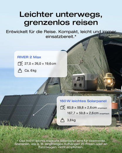 EF ECOFLOW Tragbare Powerstation RIVER 2 MAX mit 160W faltbare solar panel, 512 Wh Solargenerator mit LiFeP04, Schnellladung in 1 Stunde, bis zu 1000 W Leistung, Balkonkraft für Camping