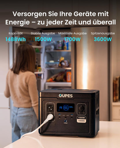 OUPES Exodus 1500 Tragbare Powerstation 1500W, 1488Wh Solargenerator mit 2 Steckdose (Boost 1700W, 3600W Spitze), Schnellladung, USV-Funktion Akku Generator für Camping, Wohnmobil, Reise