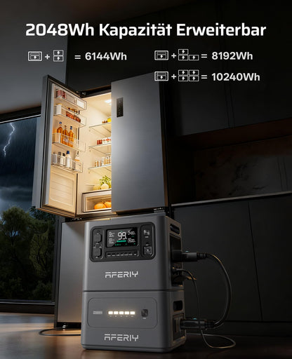 AFERIY 2800W Tragbare Powerstation, 2048Wh LiFePO4, 45 Min bis 80% Schnellladung, 13 Ausgänge, Reine Sinuswelle 230V, USV, Erweiterbar auf 4096Wh, Solar Generator für Camping/Home-Office 2026 Neue