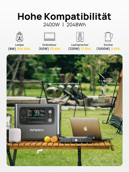 AFERIY Solar Generator 2400W mit 400W Solarmodule, 2048Wh Tragbare Powerstation, LiFePO4 Batterie, Schnellladung in 1,2 Std. Faltbar Solarpanel mit USB, IP65, für Outdoor Camping, Stromausfälle Neu