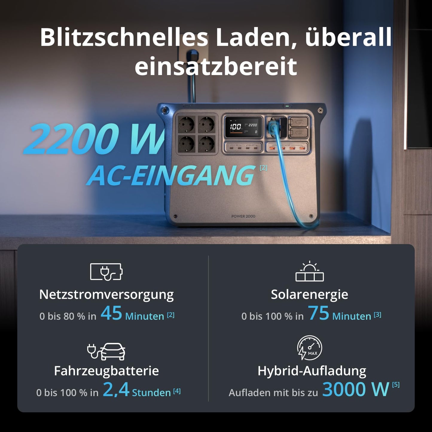DJI Power 2000 tragbare Powerstation, 2048 Wh LFP-Akku, kompakte Größe, 3000 W stabile Ausgangsleistung, in 45 Min. von 0% auf 80% geladen, Autoladung, Camping & Wohnmobile, Roadtrip, Off-Grid