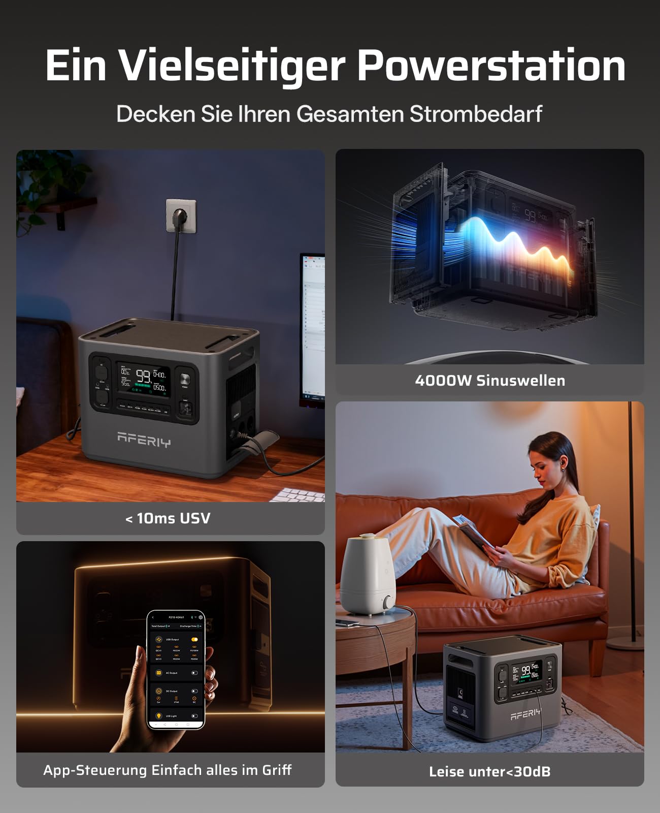 AFERIY 2800W Set Powerstation 2048Wh, Mit 2048Wh 4 Erweiterungsakku, 1,5h Schnellladung, 13 Ausgänge, Reine Sinuswelle 230V, USV, 10,240Wh LiFePO4 Solar-Generator Für Camping/Home-Office 2025 Neu