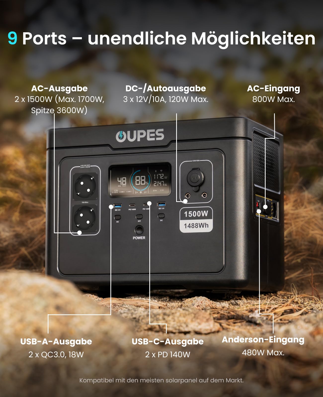 OUPES Exodus 1500 Tragbare Powerstation mit 240W Solarpanel, 1488Wh Solargenerator, 2 Steckdosen à 1700W(3600W Spitze), Schnellladung, USV-Funktion Mobiler Stromspeicher für Camping, Wohnmobil & Reise