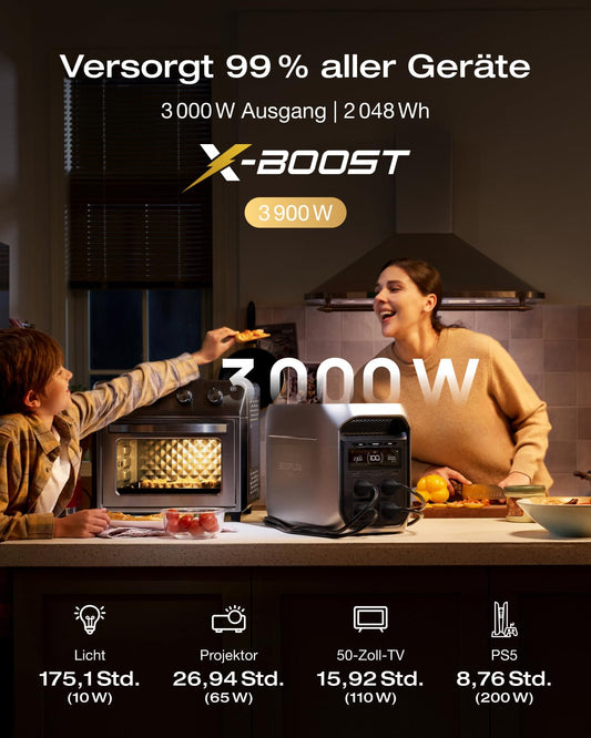 ECOFLOW Delta 3 Max Plus tragbare Powerstation 2 048 Wh, erweiterbar auf 10 kWh, 3 000 W AC-Ausgang, 0–80% Ladung in 47 Min, LiFePO4 Batterie, 10 ms USV-Backup, Solarstrom für Haus, Camping