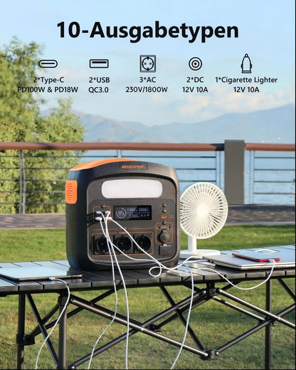 Tragbare Powerstation Mit 100W Solarpanel x 2, Solargenerator 1800W, 1024Wh LiFePO4 Akku, PD 100W, USB-C/AC/DC, Solarladung, für Camping, Notstrom, Outdoor