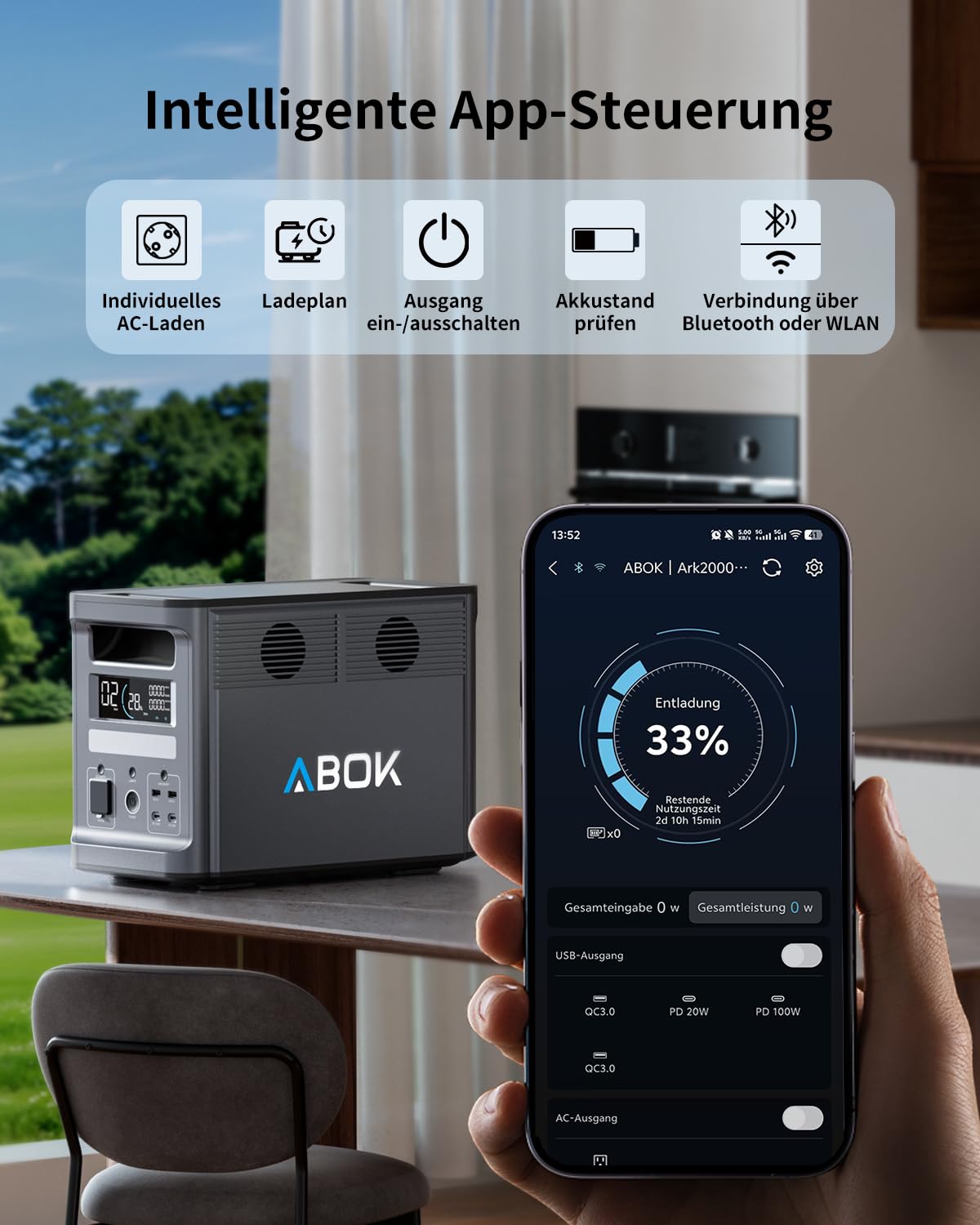 ABOK Ark2000 Tragbare Powerstation 1536Wh LiFePO4, gratis Asp45 45W Solarpanel, erweiterbar auf 4,6kWh, 1,3h 0–100% Schnellladung, 2000W AC Solargenerator mit UPS & App-Steuerung