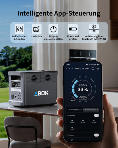 ABOK Ark2000 Tragbare Powerstation 1536Wh LiFePO4, gratis Asp45 45W Solarpanel, erweiterbar auf 4,6kWh, 1,3h 0–100% Schnellladung, 2000W AC Solargenerator mit UPS & App-Steuerung
