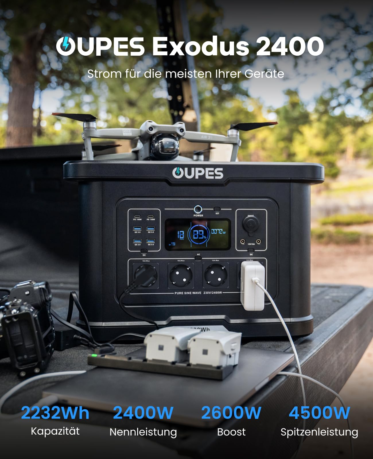 OUPES Exodus 2400 Tragbare Powerstation 2400W, 2232Wh Solargenerator mit 4 Steckdose (Boost 2600W, 4500W Spitze), Schnellladung 0-80% in 50 Min., USV-Funktion Generator für Camping, Wohnmobil, Reise