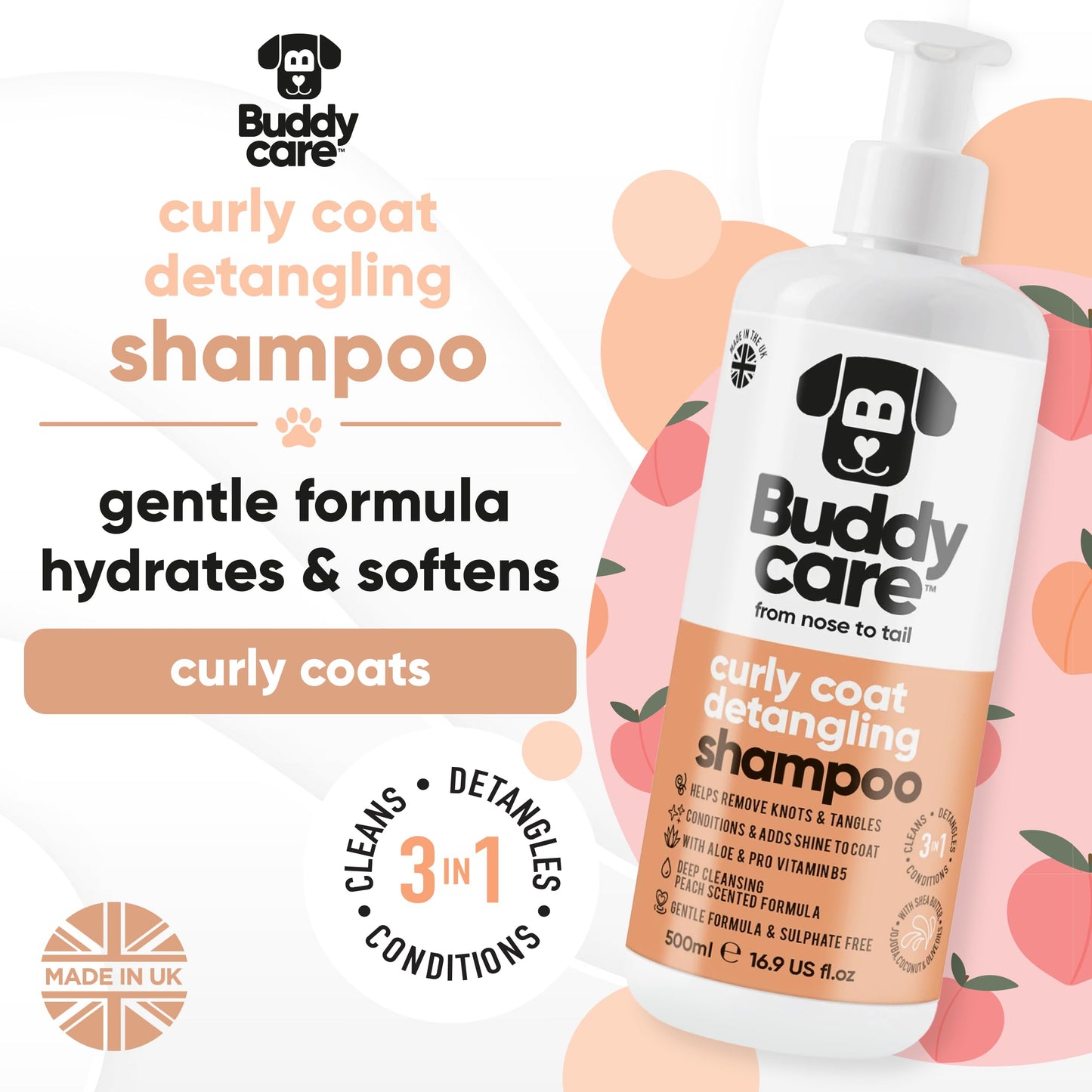 Curly Coat Entwirrendes Hundeshampoo von Buddycare | Tiefenreinigendes Shampoo für Hunde | Pfirsichduft | Mit Aloe Vera und Provitamin B5 (500ml)