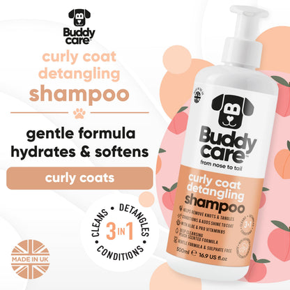 Curly Coat Entwirrendes Hundeshampoo von Buddycare | Tiefenreinigendes Shampoo für Hunde | Pfirsichduft | Mit Aloe Vera und Provitamin B5 (500ml)