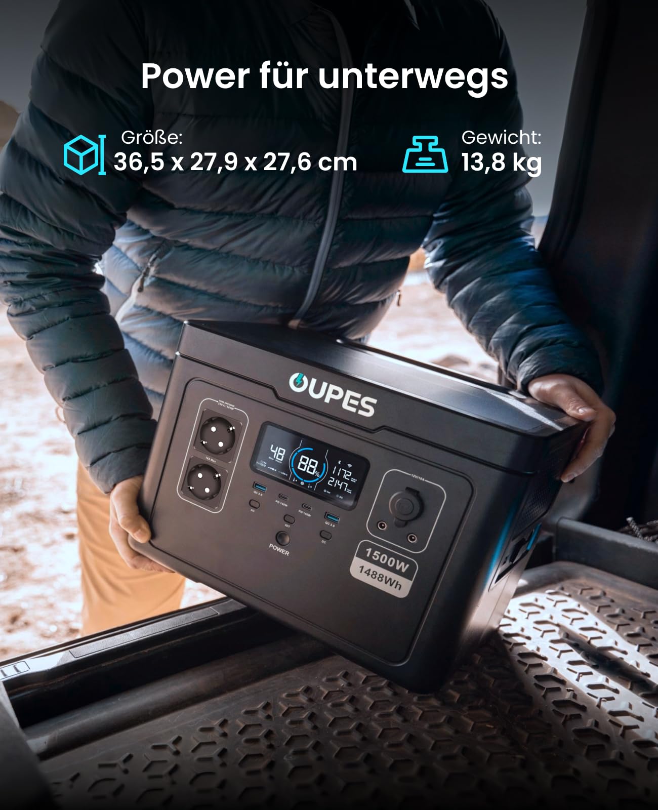 OUPES Exodus 1500 Tragbare Powerstation mit 240W Solarpanel, 1488Wh Solargenerator, 2 Steckdosen à 1700W(3600W Spitze), Schnellladung, USV-Funktion Mobiler Stromspeicher für Camping, Wohnmobil & Reise
