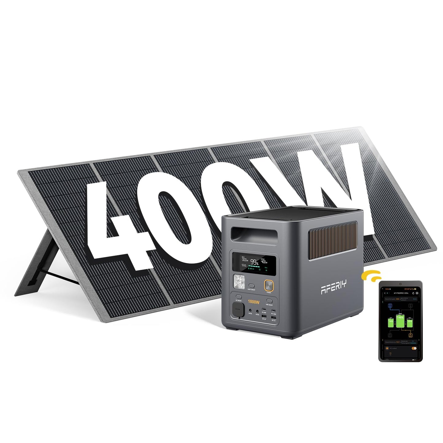 AFERIY 1800W/1024Wh Powerstation mit 400W Solarpanel, Erweiterbar Auf 5120Wh LiFePO4 Solargenerator & 1Std Schnellladung, <10ms USV, 9 Ausgänge, mit APP, Reine SW 230V, für Camping/Garten/Notfall