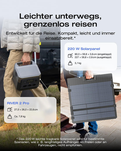 EF ECOFLOW RIVER 2 Pro Powerstation, 768 Wh LiFePO4 Batterie Solar generator mit 220 W Solar panel, 3x 300 W AC-Steckdosen (Spitze 1600 W), tragbare Powerstation für Camping, im Freien