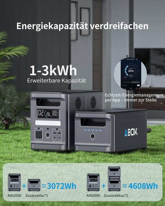 ABOK Ark2000 Tragbare Powerstation 1536Wh LiFePO4, gratis Asp45 45W Solarpanel, erweiterbar auf 4,6kWh, 1,3h 0–100% Schnellladung, 2000W AC Solargenerator mit UPS & App-Steuerung
