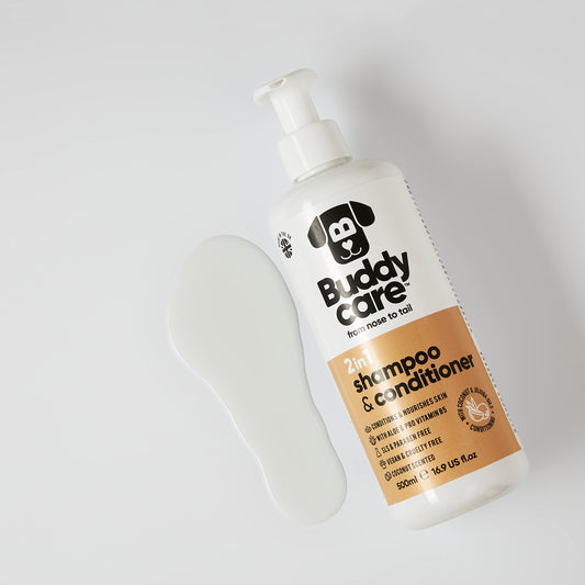 2in1 Hundeshampoo und Conditioner von Buddycare (500ml) - Praktisches Hundeshampoo langhaar und welpen Shampoo Mit Aloe Vera und Pro-Vitamin B5 Rückfettendes Shampoo Für Alle Hunderassen