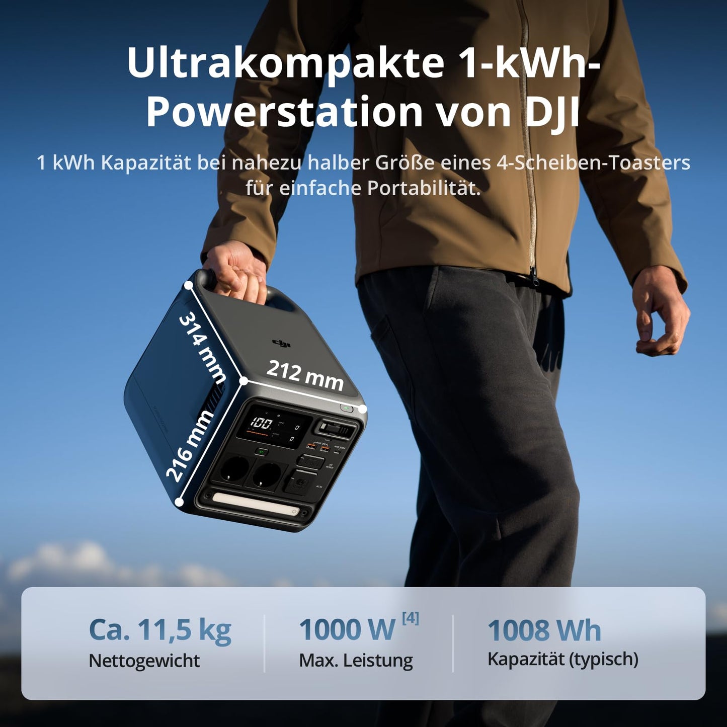 DJI Power 1000 Mini tragbare Powerstation, 1008-Wh-LFP-Akku, kompakte Größe, maximale Ausgangsleistung 1000 W, in 58 min von 0% auf 80% geladen, Stromgenerator für Zuhause, Camping