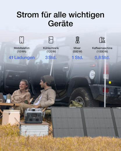 EF ECOFLOW Tragbare Powerstation RIVER 2 MAX mit 160W faltbare solar panel, 512 Wh Solargenerator mit LiFeP04, Schnellladung in 1 Stunde, bis zu 1000 W Leistung, Balkonkraft für Camping