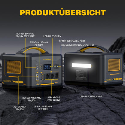 VTOMAN Jump 2200 Tragbare Powerstation - 1548Wh/2200W (Spitze 4400W) LiFePO4 Batterie Solar generatoren,Mobile Stromspeicher mit Erweiterbare Kapazität auf 3096Wh, Dual PD 100W Typ-C Anschlüsse