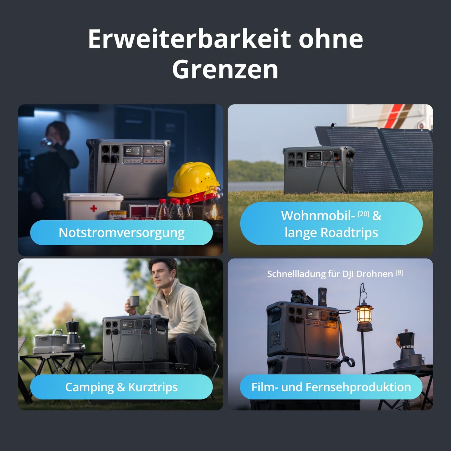 DJI Power 2000 tragbare Powerstation, 2048 Wh LFP-Akku, kompakte Größe, 3000 W stabile Ausgangsleistung, in 45 Min. von 0% auf 80% geladen, Autoladung, Camping & Wohnmobile, Roadtrip, Off-Grid
