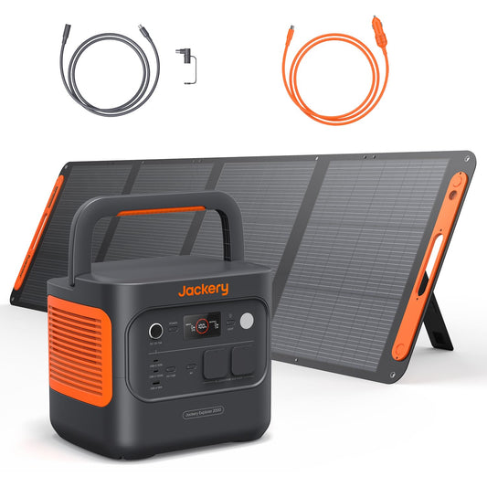 Jackery Explorer 2000 v2 Solargenerator Set, 2042Wh Tragbare Powerstation mit 200W Solarpanel, 5m Solarpanel-Verlängerungskabel & Kfz-Ladekabel, 2200W Ausgang, Schnellladung für Camping & Wohnmobil