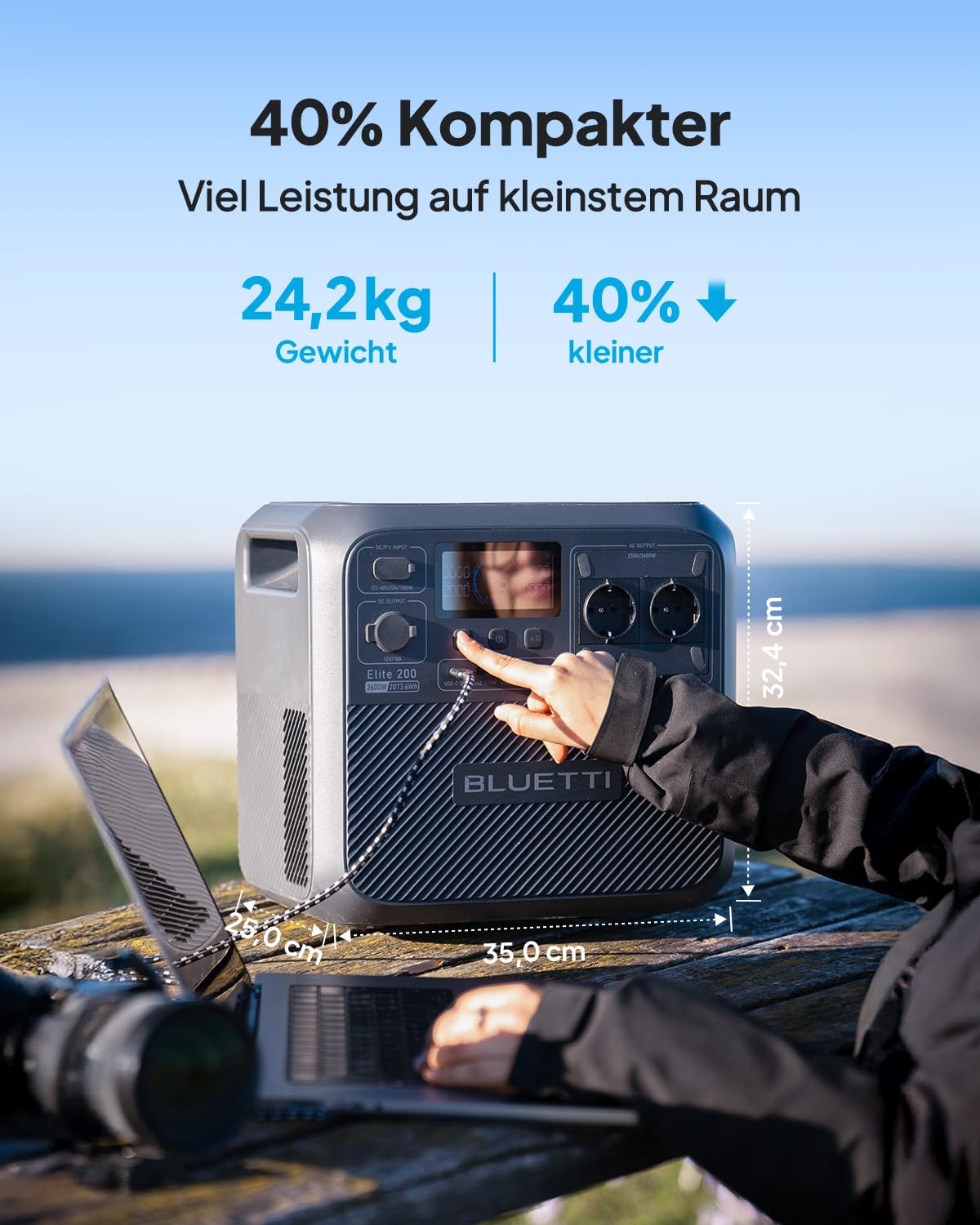 BLUETTI Elite 200 V2 Solar Generator (2025 Neu) mit 200W Solarpanel, 2073,6Wh Tragbare Powerstation mit 2 2600W AC Ausgängen, 17 Jahre Lebensdauer LiFePO4 Notstrom für Camping, Off-grid, Stromausfall