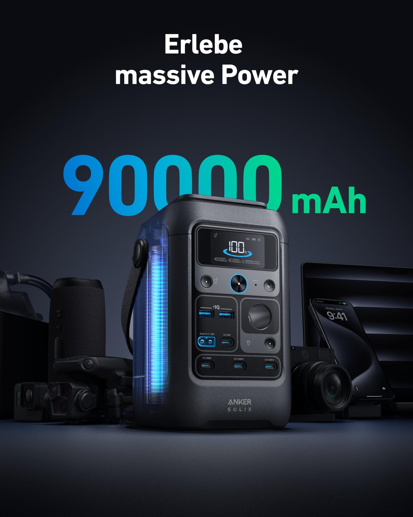 Anker SOLIX C300X DC Tragbare Powerstation mit 100W Solarpanel, 288Wh LiFePO4-Akku, 300W Solargenerator, für Outdoor, Camping, Reisen und Notfälle