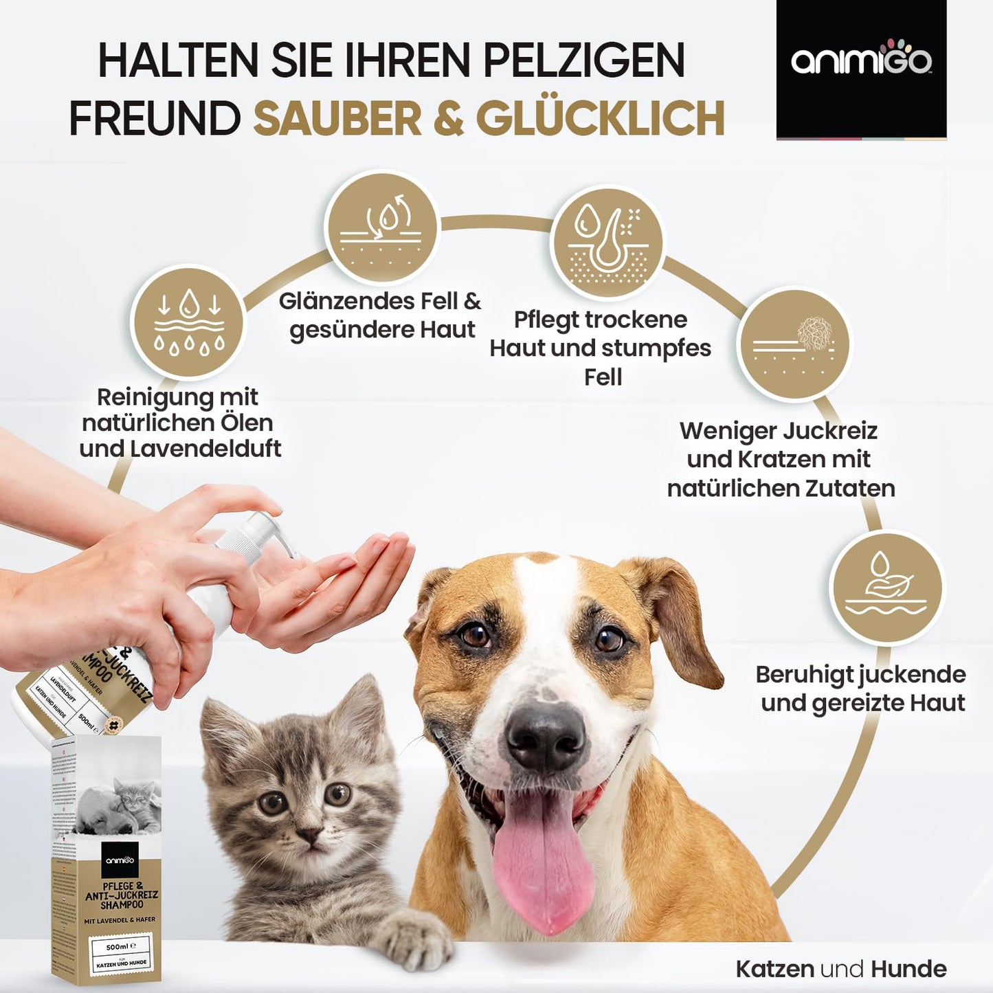 animigo Hundeshampoo 500ml – Anti-Juckreiz Pflege für Hunde & Katzen, pH-hautneutral mit natürlichen Zutaten