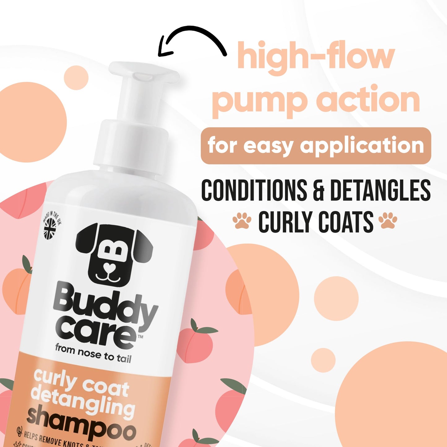 Curly Coat Entwirrendes Hundeshampoo von Buddycare | Tiefenreinigendes Shampoo für Hunde | Pfirsichduft | Mit Aloe Vera und Provitamin B5 (500ml)