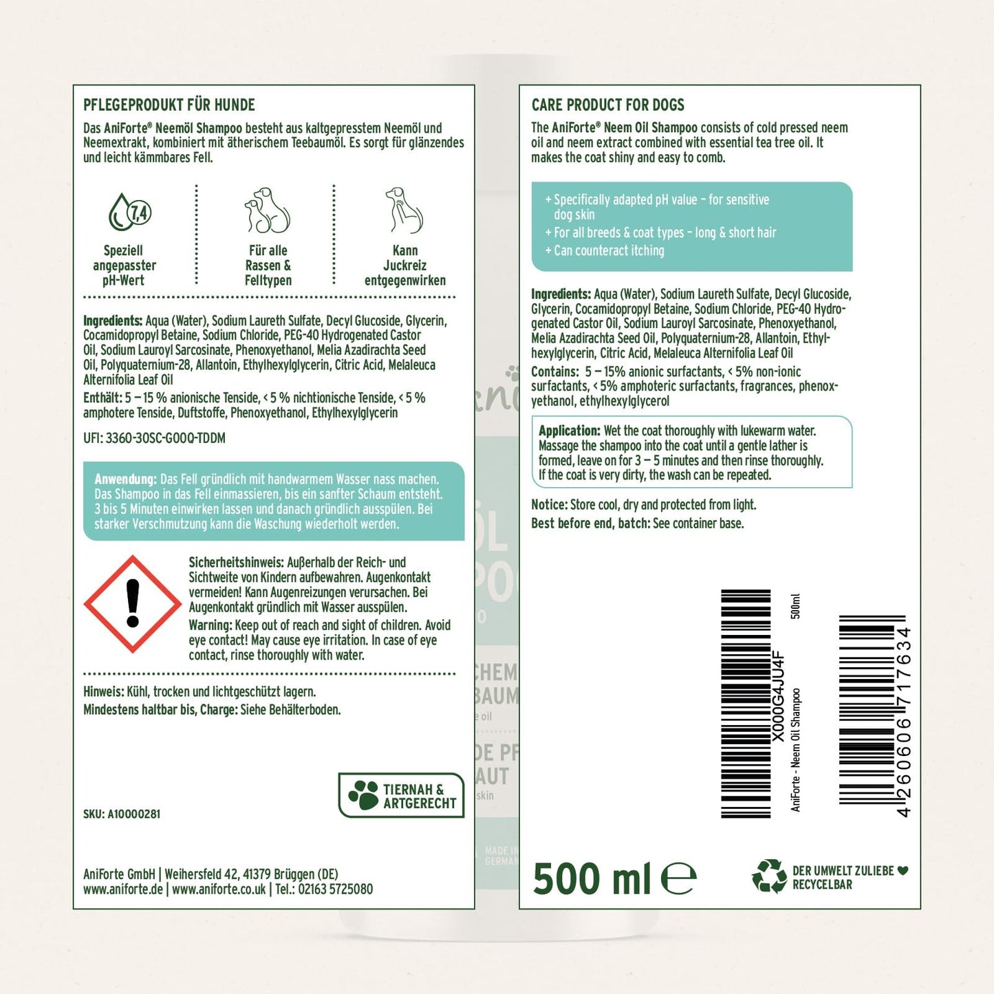 AniForte Neemöl Hundeshampoo 500ml – Gegen Juckreiz, Milben, Flöhe & Zecken, für glänzendes Fell