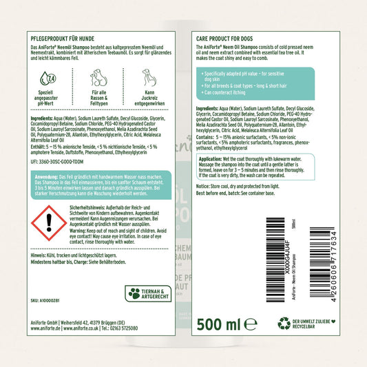AniForte Neemöl Shampoo für Hunde 500ml - Hundeshampoo gegen Juckreiz, Milben, Flöhe, Zecken, Hautfreundlich, Pflegend & leicht kämmbar, Fellpflege & Fellglanz, Angenehm im Geruch