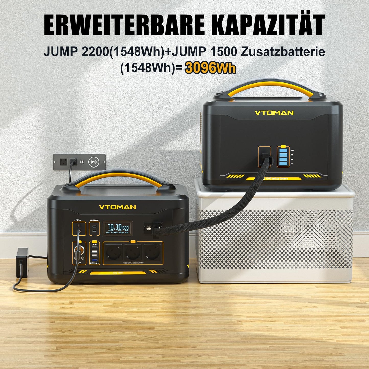 VTOMAN Jump 2200 Tragbare Powerstation mit 110W Leicht Faltbares Solarpanel - 2200W/1548Wh LiFePO4 Batterie Solar Stromgenerator, Erweiterbare Kapazität auf 3096Wh für Reisen, Wohnmobil