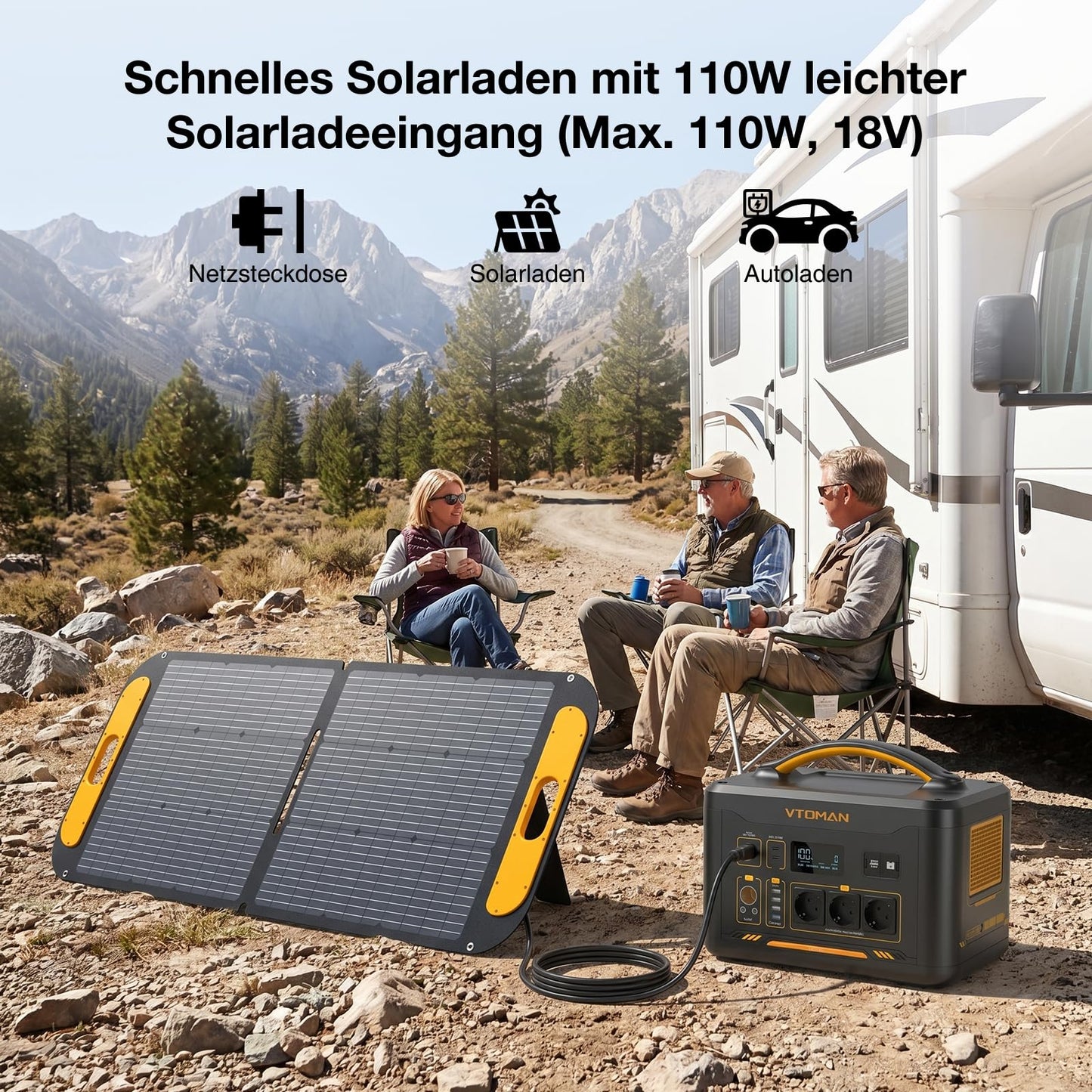 VTOMAN Jump 2200 Tragbare Powerstation mit 110W Leicht Faltbares Solarpanel - 2200W/1548Wh LiFePO4 Batterie Solar Stromgenerator, Erweiterbare Kapazität auf 3096Wh für Reisen, Wohnmobil