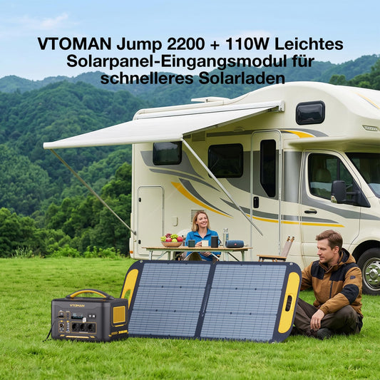 VTOMAN Jump 2200 Tragbare Powerstation mit 110W Leicht Faltbares Solarpanel - 2200W/1548Wh LiFePO4 Batterie Solar Stromgenerator, Erweiterbare Kapazität auf 3096Wh für Reisen, Wohnmobil