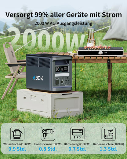 ABOK Ark2000 Tragbare Powerstation 1536Wh LiFePO4, gratis Asp45 45W Solarpanel, erweiterbar auf 4,6kWh, 1,3h 0–100% Schnellladung, 2000W AC Solargenerator mit UPS & App-Steuerung