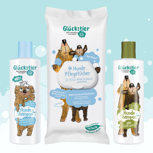Glückstier Hundeshampoo | 250 ml | rückfettendes Shampoo für alle Hunderassen | für glänzendes Fell & bessere Kämmbarkeit | angepasster pH-Wert | 100 % vegan & tierleidfrei